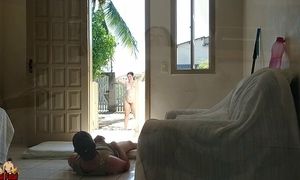 Naughty wife teasing delivery guy in front of her cuckold