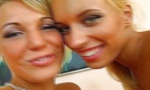 Two hot and blonde German lesbian sluts having fun with a glass dong