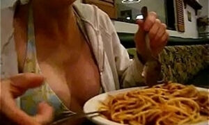 Red head pornstar Annie Body eats a meal out and eating isn&#039_t cheating!  Spaghetti dinner with a mature cougar MILF.