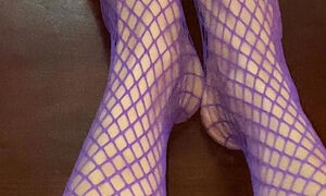 Really sexy legs with tiny feet with long toes in Purple fishnet stocking