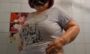 Busty Fat Granny blows some dick under the shower.