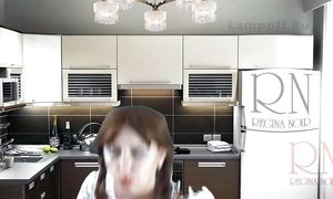 Cheerful maid without panties eats a lot of bananas in the dining room. ASMR