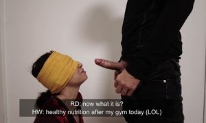 Guess the taste game. Blindfolded tastes lollipop, dick and cum in one meal.