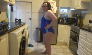 Wife with Big Breasts Dancing in Tight Blue Swimsuit