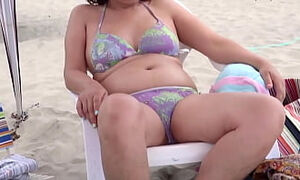 Real cuckold husband, huge load on my wife on the beach, she shows off, masturbates