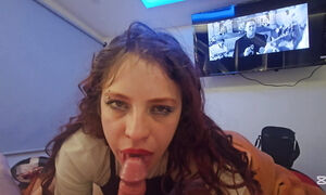 Redhead girl passionately deepthroats a strange guy and swallows his cum