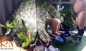 Sex in camp. A stranger fucks a nudist lady in her mouth in a camping in nature.