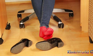 Red Nylon Feet in Black Shiny Heels - Dangling & Tease in Tight Jeans